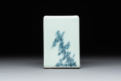 A Chinese blue and white celadon-ground square brush pot, Qianlong mark, 19/20th C.