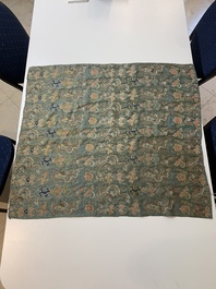 A Chinese green-ground embroidered silk panel with dragons among clouds, 18th C.