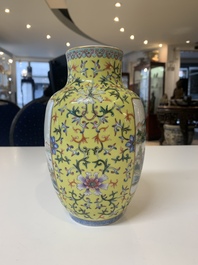 A Chinese famille rose yellow-ground lantern-shaped 'landscape' vase, Qianlong mark, Republic