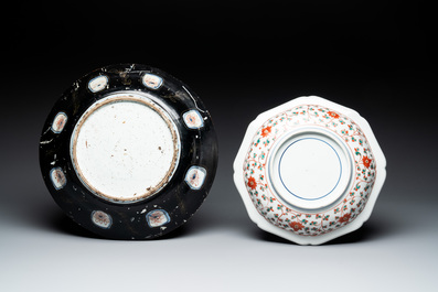A Japanese-lacquered Chinese blue and white dish and a Japanese Kutani 'phoenix' dish, Wanli/19th C.