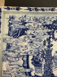 A massive Chinese blue and white rectangular 'Chang'e' tray or plaque, 19th C.