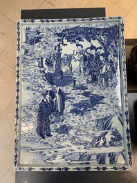 A massive Chinese blue and white rectangular 'Chang'e' tray or plaque, 19th C.