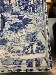 A massive Chinese blue and white rectangular 'Chang'e' tray or plaque, 19th C.