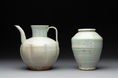 A pale celadon-glazed vase, a jar and a ewer, Asia, 19th C and later