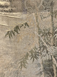 A Japanese embroidered silk wall tapestry with two tigers, Meiji, 19th C.