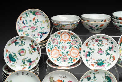 An impressive collection of 53 Chinese famille rose saucers, dishes and bowls, 19th C.
