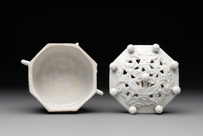 A Chinese Dehua blanc de Chine 'Marco Polo' censer and cover, Kangxi