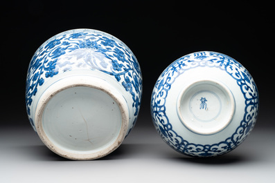 A Chinese blue and white 'lotus' jardini&egrave;re, a 'peony' dish and a 'shou' bowl, Kangxi