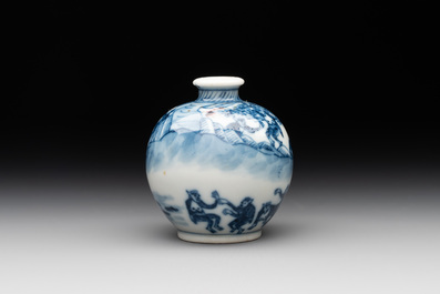 A Chinese blue, white and copper-red 'monkeys' snuff bottle, Yongzheng mark, 19th C.
