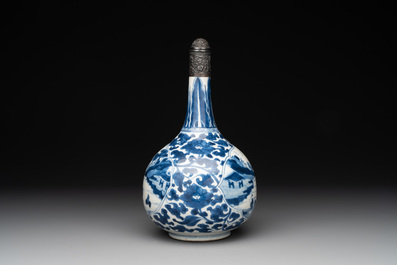 A Chinese blue and white silver-mounted 'landscape' bottle vase, Kangxi