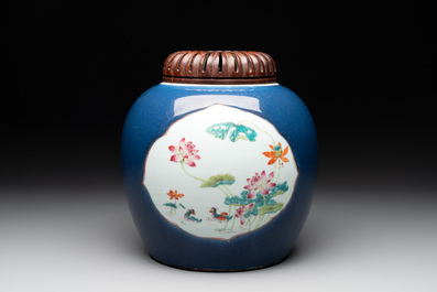 A fine Chinese blue-ground famille rose 'quails and peonies' jar and wooden cover, Qianlong