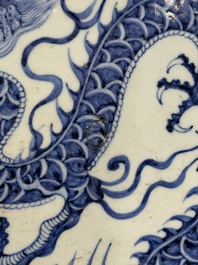 A large Chinese blue and white Yuan-style 'dragon' dish, probably 19th C.