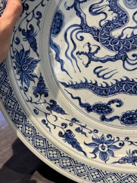 A large Chinese blue and white Yuan-style 'dragon' dish, probably 19th C.