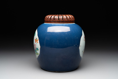 A fine Chinese blue-ground famille rose 'quails and peonies' jar and wooden cover, Qianlong