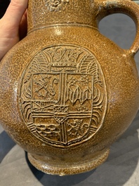 A globular stoneware jug with three coat of arms medallions, Germany, 16th C.
