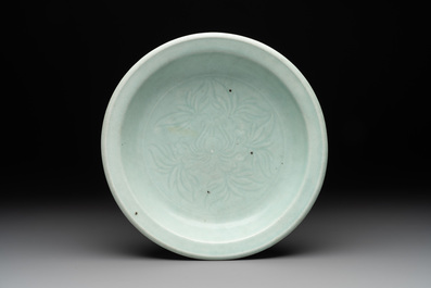 Three Chinese celadon dishes with floral design, Ming and later