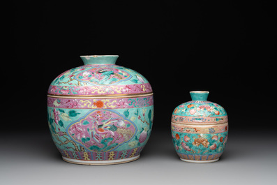 Two Chinese famille rose turquoise-ground 'chupu' bowls and covers for the Straits or Peranakan market, 19th C.