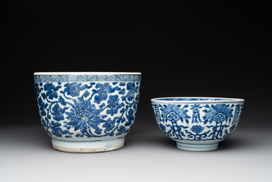 A Chinese blue and white 'lotus' jardini&egrave;re, a 'peony' dish and a 'shou' bowl, Kangxi