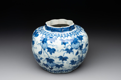 A Chinese blue and white 'fruiting vines and a squirrel' melon-shaped  jar, Ming