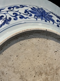 A large Chinese blue and white Yuan-style 'dragon' dish, probably 19th C.