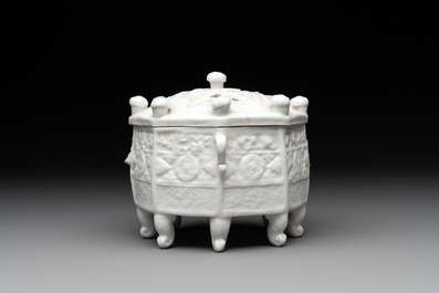 A Chinese Dehua blanc de Chine 'Marco Polo' censer and cover, Kangxi