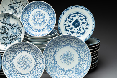 An impressive collection of 50 Chinese Dehua blue and white wares, 19th C.