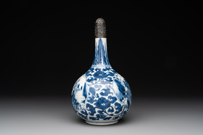 A Chinese blue and white silver-mounted 'landscape' bottle vase, Kangxi
