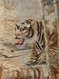 A Japanese embroidered silk wall tapestry with two tigers, Meiji, 19th C.