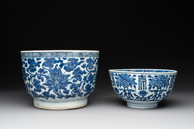A Chinese blue and white 'lotus' jardini&egrave;re, a 'peony' dish and a 'shou' bowl, Kangxi