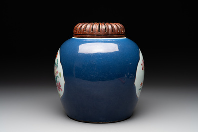 A fine Chinese blue-ground famille rose 'quails and peonies' jar and wooden cover, Qianlong
