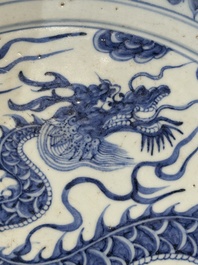 A large Chinese blue and white Yuan-style 'dragon' dish, probably 19th C.