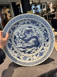 A large Chinese blue and white Yuan-style 'dragon' dish, probably 19th C.