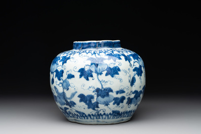A Chinese blue and white 'fruiting vines and a squirrel' melon-shaped  jar, Ming