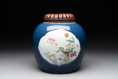 A fine Chinese blue-ground famille rose 'quails and peonies' jar and wooden cover, Qianlong