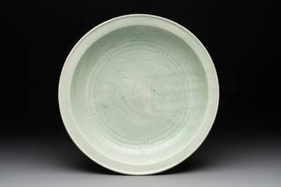 Three Chinese celadon dishes with floral design, Ming and later