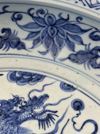 A large Chinese blue and white Yuan-style 'dragon' dish, probably 19th C.