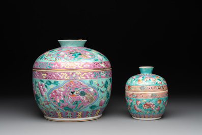 Two Chinese famille rose turquoise-ground 'chupu' bowls and covers for the Straits or Peranakan market, 19th C.