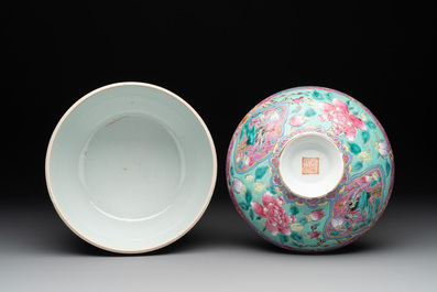 Two Chinese famille rose turquoise-ground 'chupu' bowls and covers for the Straits or Peranakan market, 19th C.