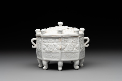 A Chinese Dehua blanc de Chine 'Marco Polo' censer and cover, Kangxi