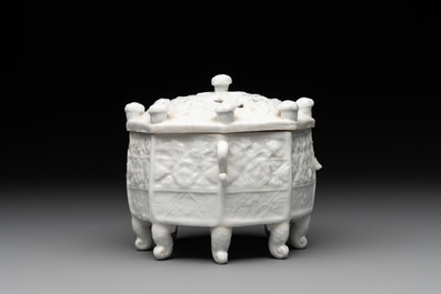 A Chinese Dehua blanc de Chine 'Marco Polo' censer and cover, Kangxi