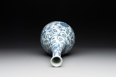 A Chinese blue and white 'phoenix and flower scroll' bottle vase, Ming