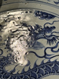 A large Chinese blue and white Yuan-style 'dragon' dish, probably 19th C.