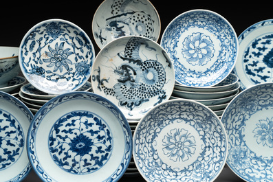 An impressive collection of 50 Chinese Dehua blue and white wares, 19th C.