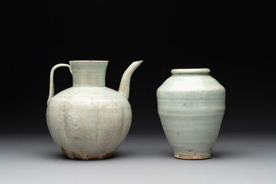 A pale celadon-glazed vase, a jar and a ewer, Asia, 19th C and later