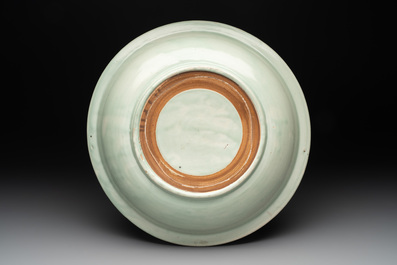 Three Chinese celadon dishes with floral design, Ming and later