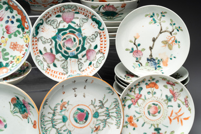 An impressive collection of 53 Chinese famille rose saucers, dishes and bowls, 19th C.