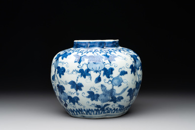 A Chinese blue and white 'fruiting vines and a squirrel' melon-shaped  jar, Ming
