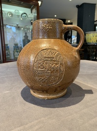 A globular stoneware jug with three coat of arms medallions, Germany, 16th C.