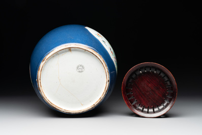 A fine Chinese blue-ground famille rose 'quails and peonies' jar and wooden cover, Qianlong
