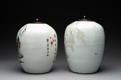 Two Chinese famille rose jars and a brush pot, signed Ju Yi Tai 聚義泰, 'B.E.E. CHINESE RESTAURANT' mark, dated 1924 and 20th C.